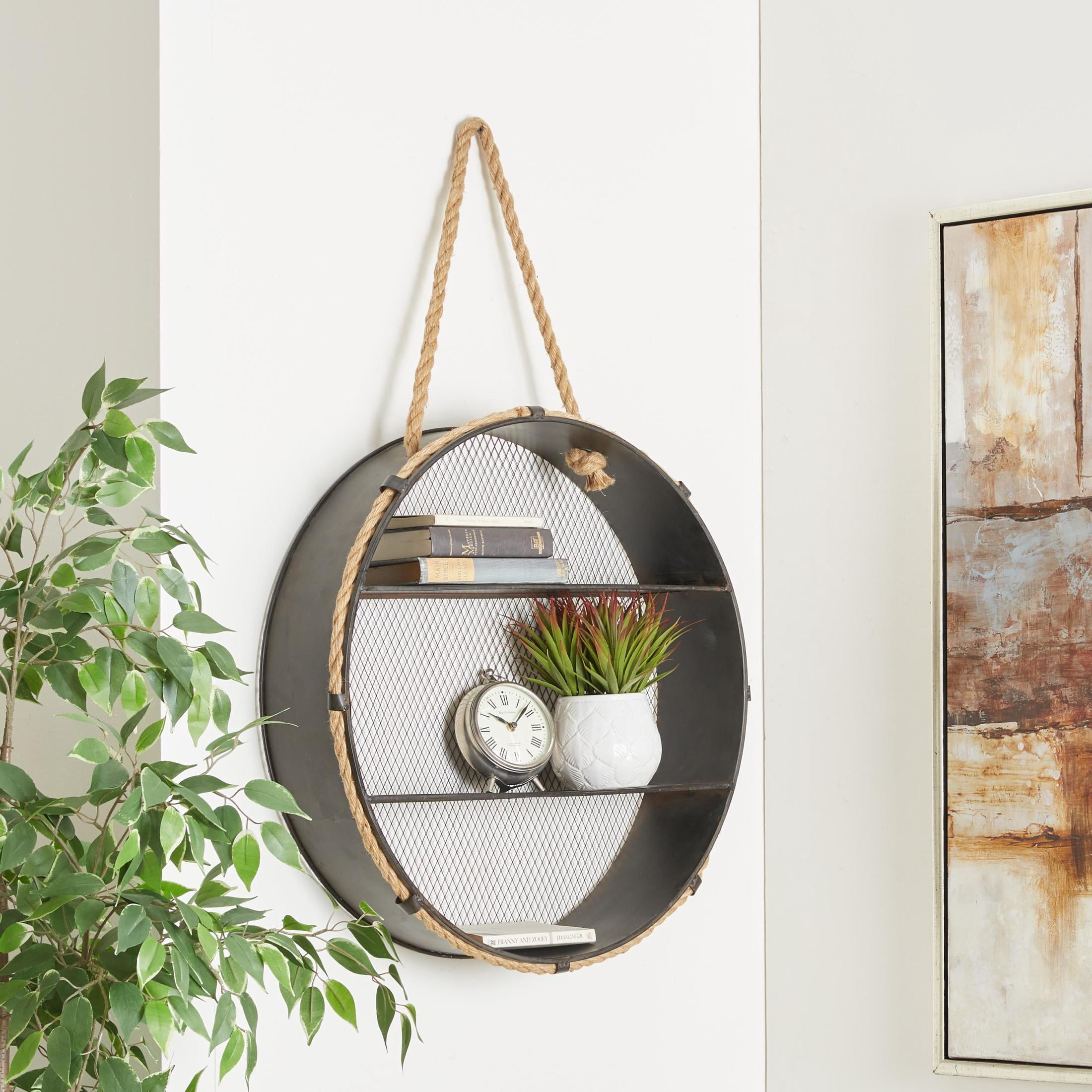 DecMode 24" x 6" Round 2-Tier Black Wall Shelf with Hanging Rope
