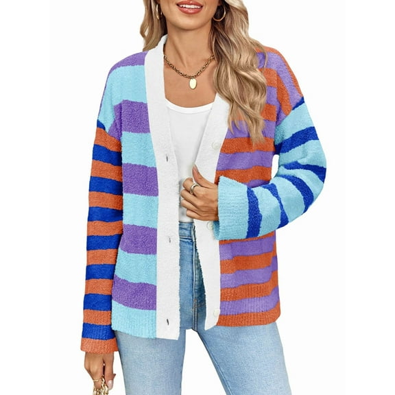 Womens Striped Cardigan Sweaters V Neck Open Front Button Up Color Block Fuzzy Loose Knit Coats Blue XL