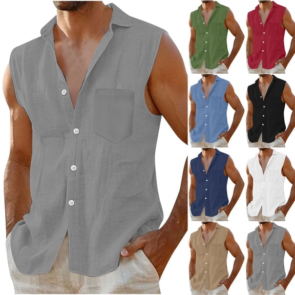Hinvhai Men's Sleeveless Beach Shirts Summer Button Up Tank Tops Casual Textured Tank Shirt White XL(XL)