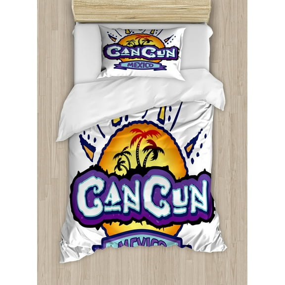 Cancun Duvet Cover Set Twin Size, Cancun Mexico Funky Calligraphy with Palm Trees and Sun on the Background, Decorative 2 Piece Bedding Set with 1 Pillow Sham, Multicolor, by Ambesonne