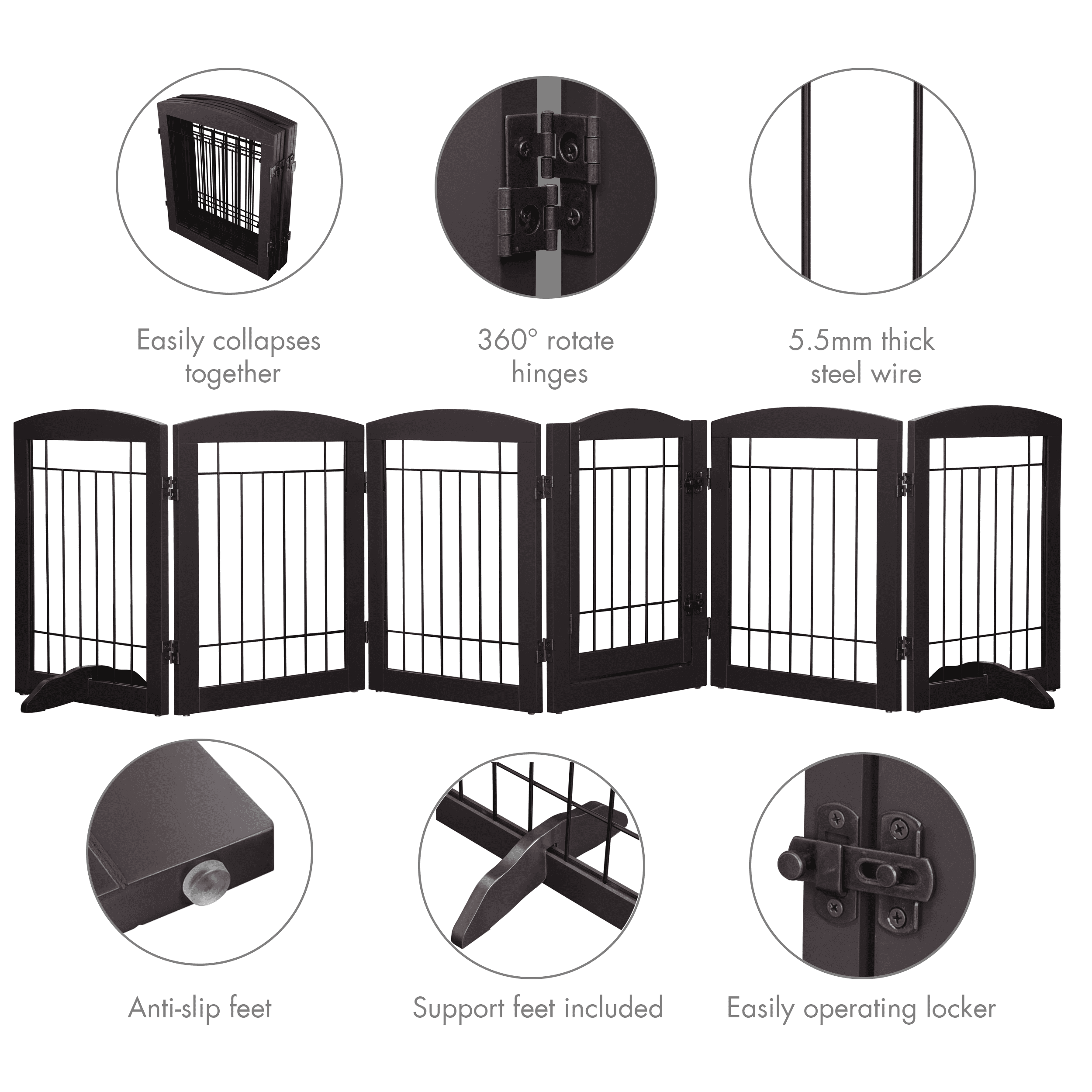 STAROUS Extra Wide Wooden Dog Gate with Convenient Walk-Through Door: Secure Pet Barrier for Home - Suitable for Doorways, Stairs, and Openings, 110" Wide, 6 Panels (Espresso)