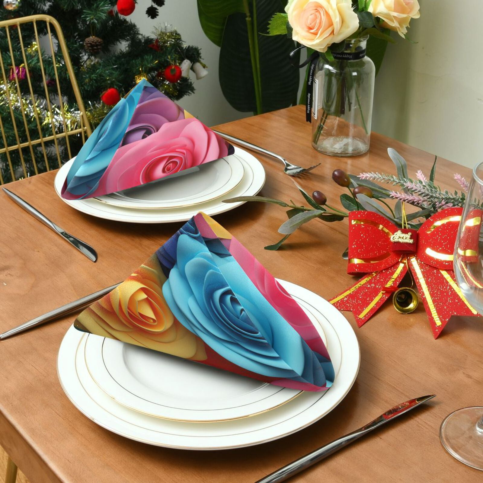 JSTEL Rainbow Rose Flowers 3d Cloth Napkins Set of 6, 20x20 Inch Washable and Reusable Napkin for Decoupage Dinner Party Everyday Use