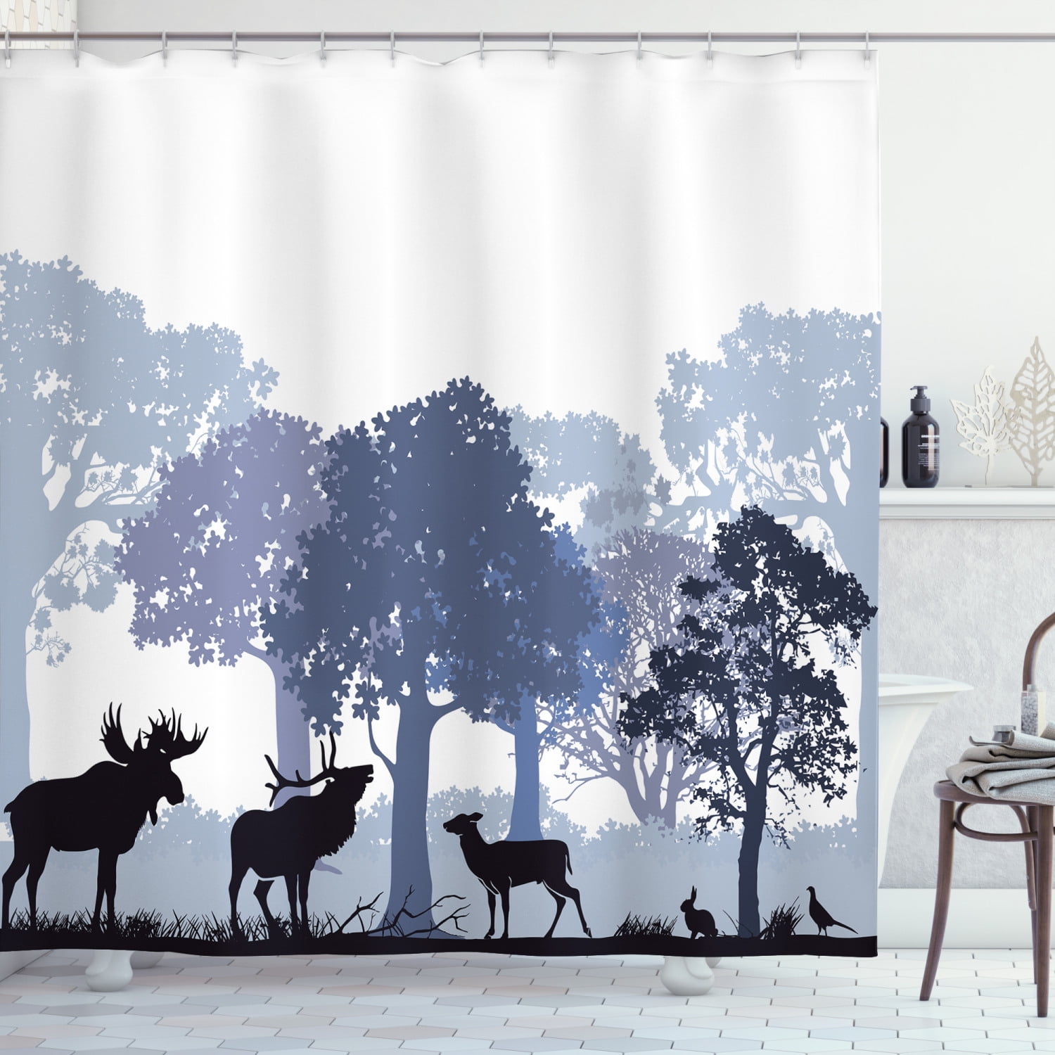Polyester Fabric Shower Curtain Liner Nordic Forest Deer Bathroom Mat Hooks Set 