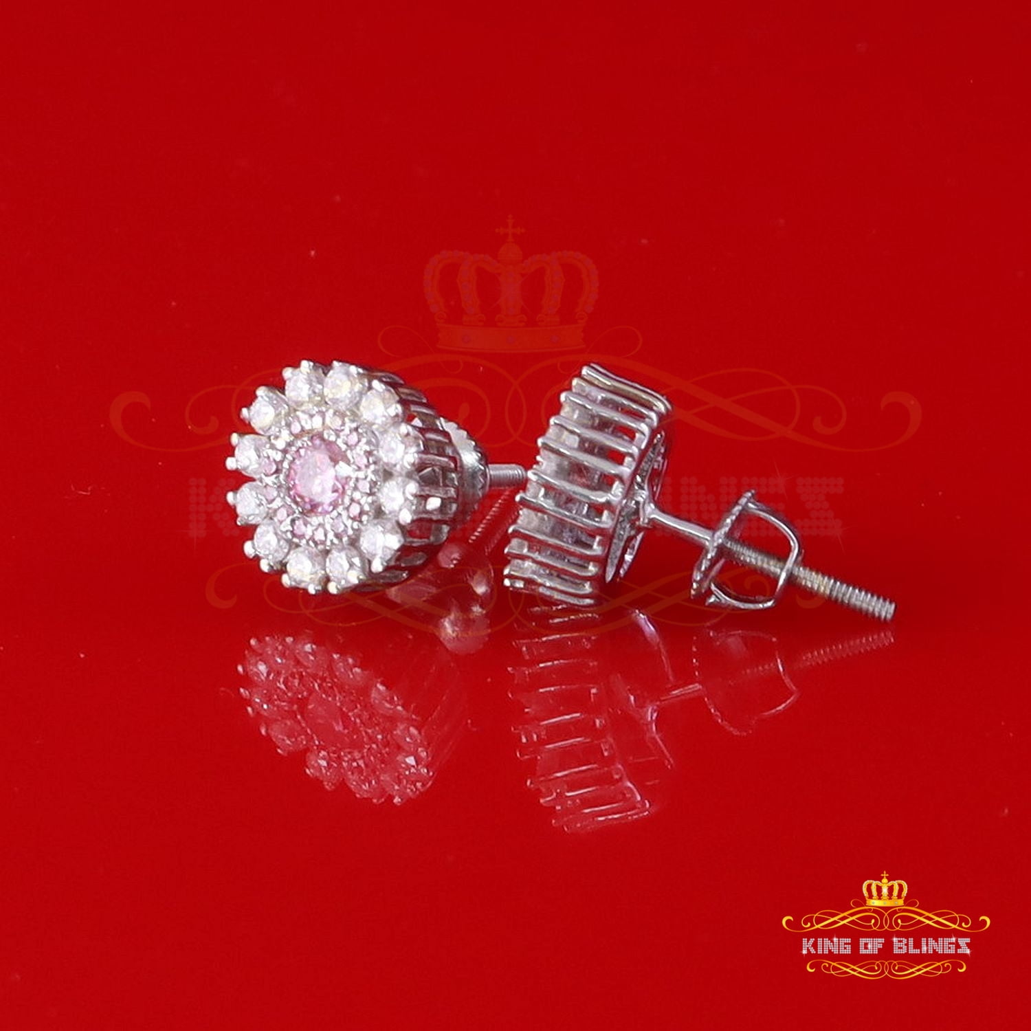 King of Bling's Men's/Women's 925 Silver White 1.00ct VVS D Pink Moissanite Round Stud Earrings