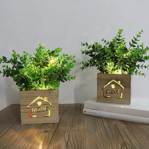 Artificial Plants Set of 2 Artificial Flowers with Led Lights in Wooden Box 