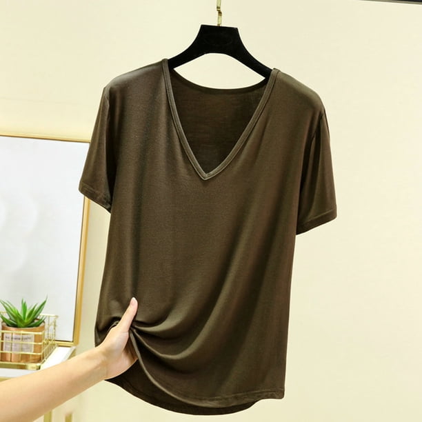 Blusa de pijama de manga corta para mujer, lisa, informal, a la moda, con cuello regular, de manga corta, pijama para mujer