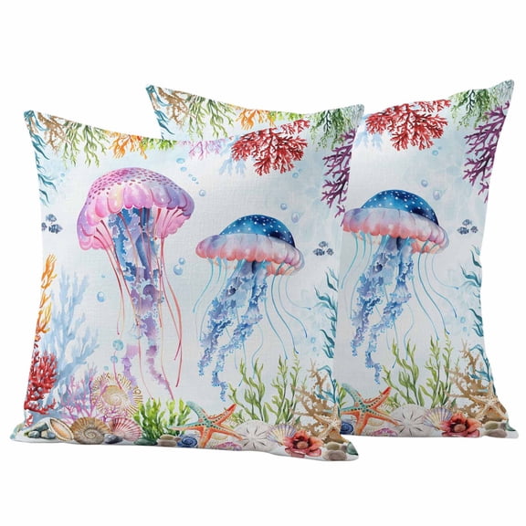 Jellyfish Coastal Outdoor Pillow Covers 18"x18" Set of 2,Waterproof Throw Pillow Covers for Patio Furniture,Blue Nautical Summer Beach Ocean Decorative Cushion Pillowcases for Garden Porch Couch Sofa