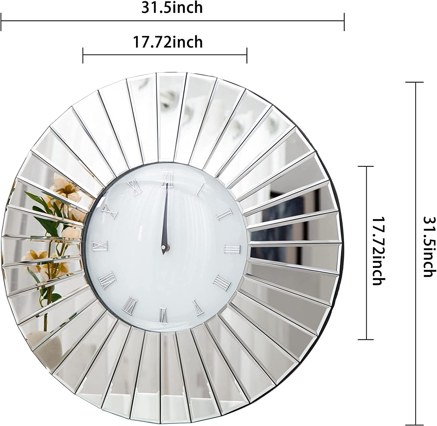 SHYFOY Mirror Glass Wall Clock - 24in Round Silver Glass Finish Decorative Wall Clock for Living Room Office Home Decor