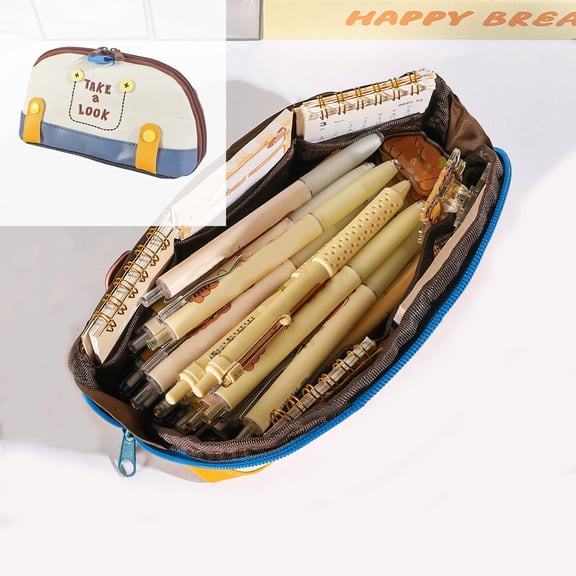 geerera Large Capacity Pencil Case, Denim & PU Spliced Pen Organizer, Semi-Circular Zipper Pouch for Office, Art & Cosmetic Supplies, 8x4.7x3.1 Inch