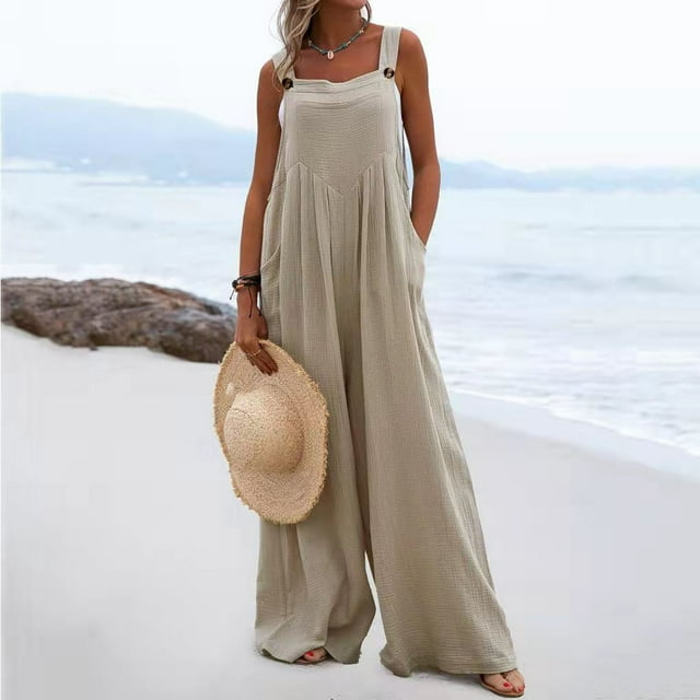 ICHUANYI ClearanceFashion Women Casual Cold Shoulder Jumpsuit Solid Button Suspender Jumpsuits Wide Pocket Leg Pant(Khaki, S) ICHUANYI WER20232080502719