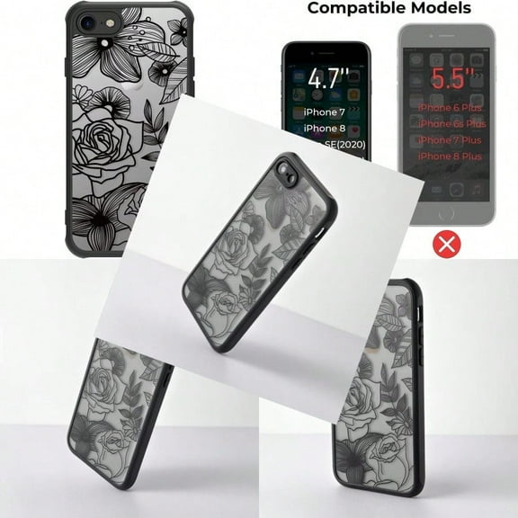 Cute Flowers Case Compatible with iPhone SE 2020 SE 2022 Case Line Art Rose iPhone 7 8 Cases Aesthetic Floral Pattern PC and TPU Shockproof Cover for Girls Women