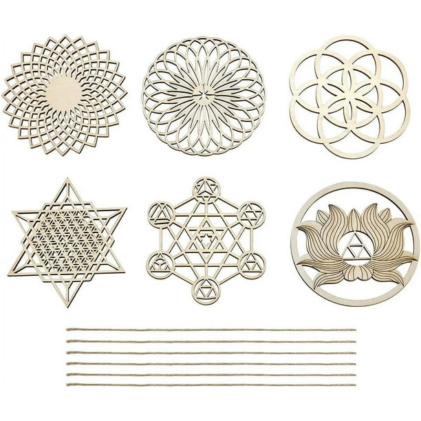 Juego de 6 adornos de madera con cordón de yute. 6 estilos de colgantes de madera para meditación. Decoraciones de pared con símbolos para dormitorio o estudio.