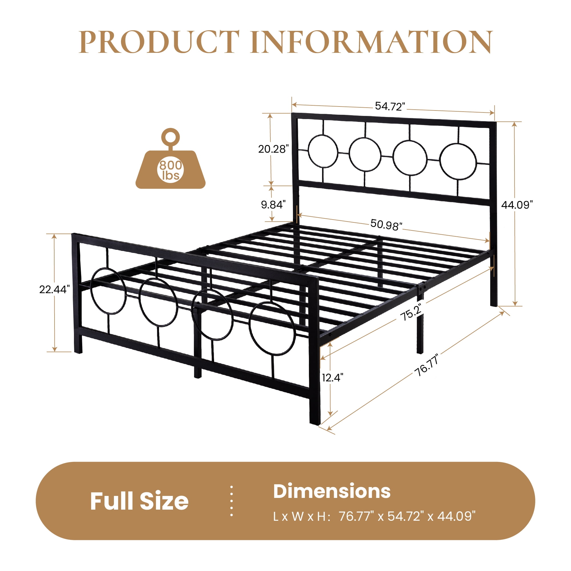 Amolife Full Size Bed Frame, Metal Platform Bed with Vintage Circular Headboard & Footboard, Black