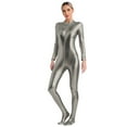 thumbnail image 3 of YONGHS Women's Shiny Holographic Unitard Zentai Jumpsuit Mock Neck Zipper Front Bodysuits Catsuits Grey S, 3 of 7