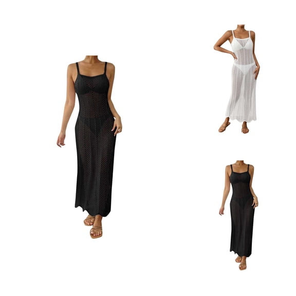 Swimsuit Coverup for Women Sleeveless Spaghetti Strap Crochet Knit Bodycon Maxi Dress Beach Cover Up Bathing Suit Dress