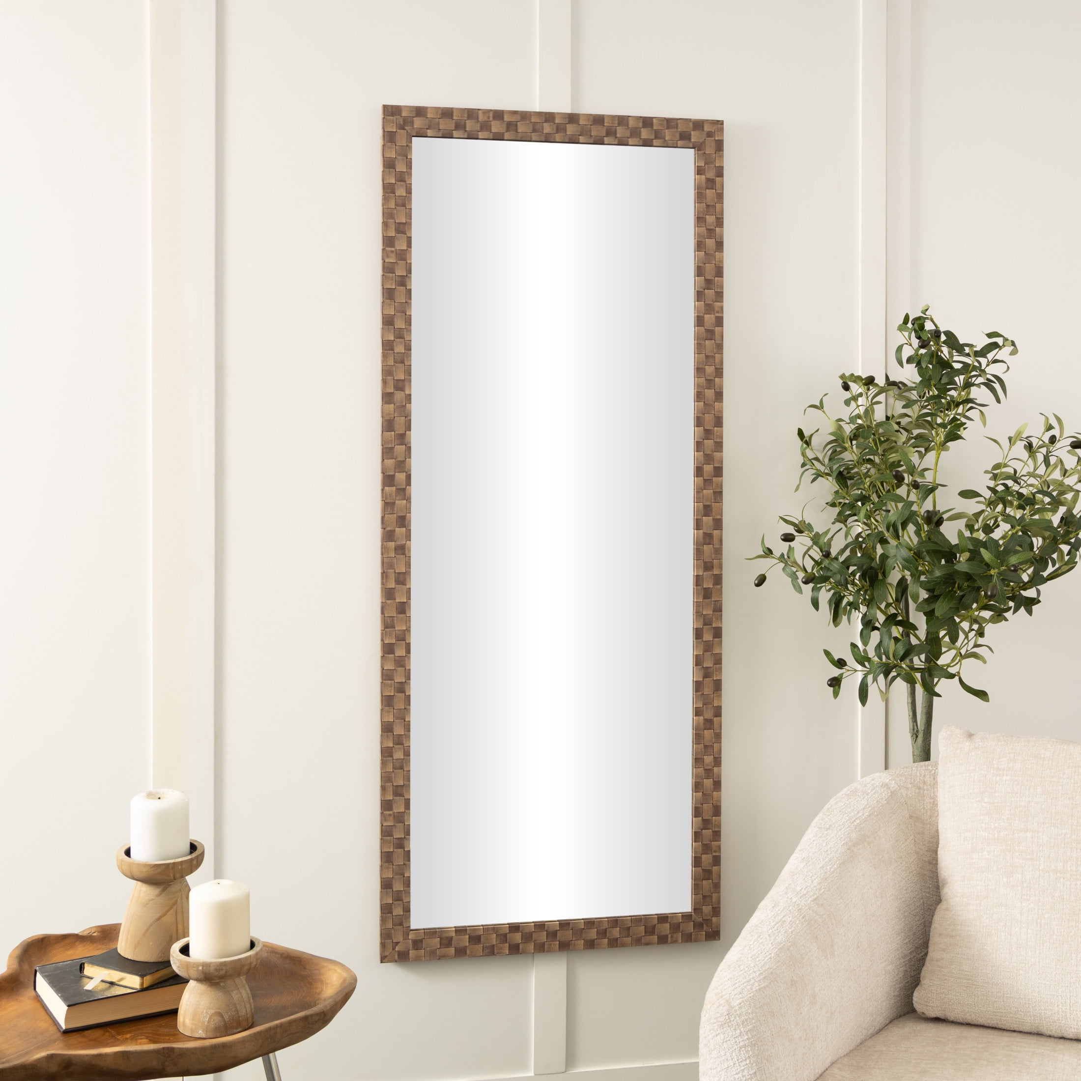 DecMode 25" x 58" Brown Wall Mirror with Checkered Pattern Frame