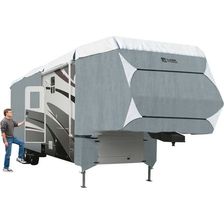 Rv Covers Toy Hauler Classic Accessories OverDrive PolyPRO™ 3 Deluxe 5th Wheel Cover or Toy Hauler Cover, Fits 26' - 29' RVs - Max Weather Protection RV Cover, Grey/Snow White ()