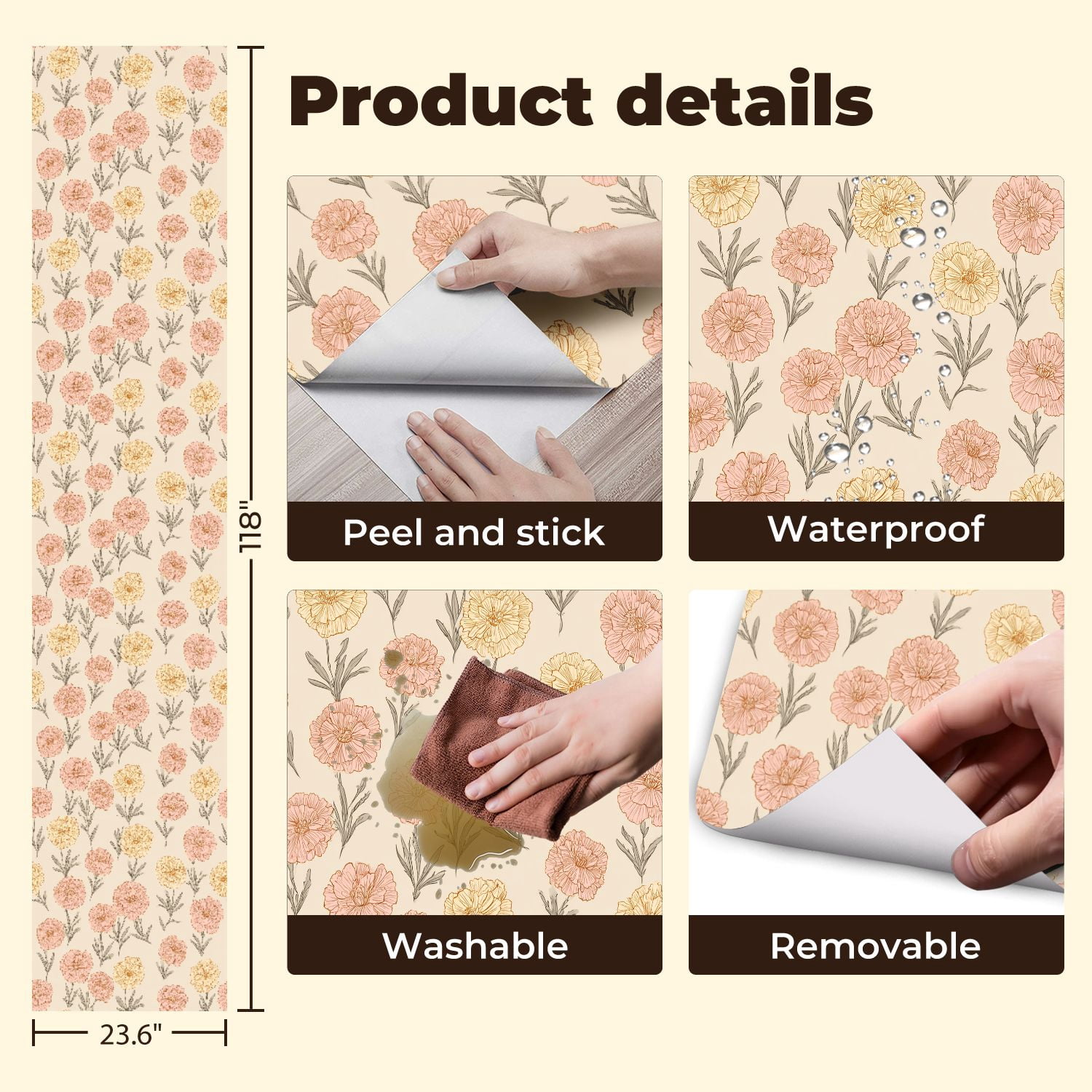 Peel and Stick Wallpaper Soft Pink Yellow Carnation Floral Beige vintage boho Wall Mural 23.6in x 9.8ft Self Adhesive Removable Wall Paper Renter Friendly Wallpaper for Bedroom Kitchen Bathroom