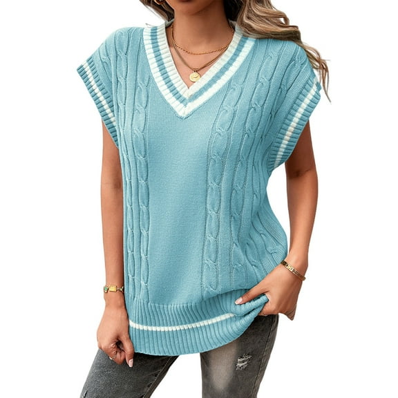 Oversized Sweater Vest for Women V Neck Cap Sleeve Cable Knit Vest Loose Striped Pullover Tank Tops Blue S