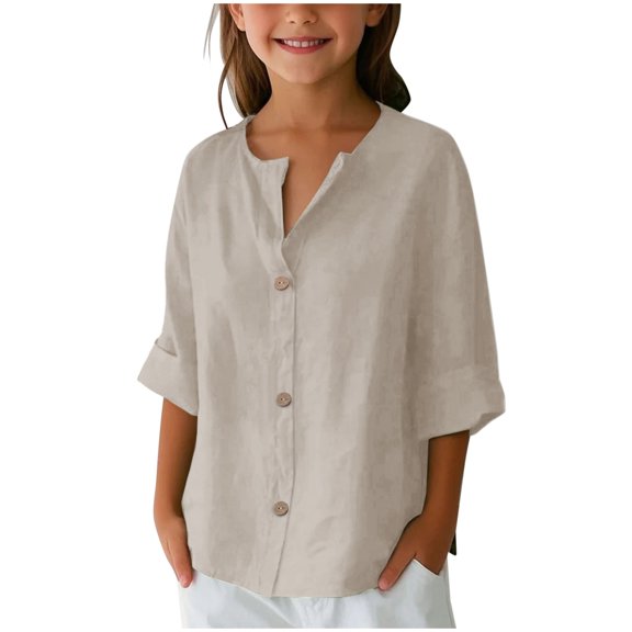 dazeni Girls 3/4 Length Sleeve Tops Casual Linen Button Down Shirts Loose Fit Crewneck Blouse Solid Color Tee Beige Size 5 Years