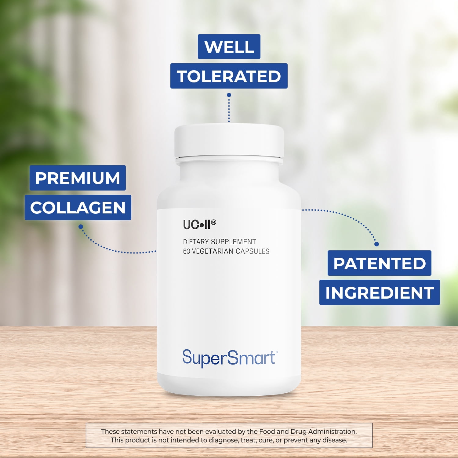 SuperSmart UC II Supplement 40mg per Day (Premium Collagen) - Undenatured Type II Collagen Supplement | Non-GMO & Gluten Free - 60 Vegetarian Capsules
