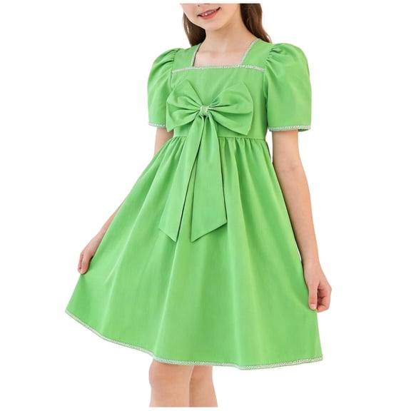 Zpanxa Girls Dresses, Girl's High Waist Princess Dress Collar Bow Solid Short Sleeve Knee Length Dresses Green 9 Years