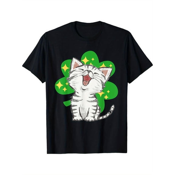 Cat Kitten Shamrock Lucky St Patricks Day Funny T-Shirt  Black S-5XL Lucky Kitten Shamrock T-Shirt 100 Percent Cotton Soft Crew Neck Top Playful Holiday Design Casual Comfortable Wear Machine Washab