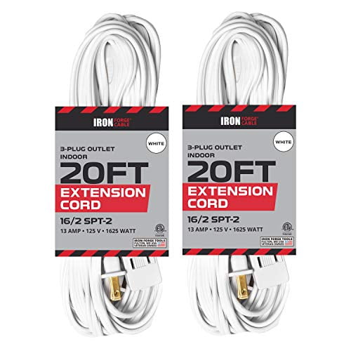 20 Ft White Extension Cord 2 Pack 16/2 Durable Electrical Cable