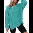 thumbnail image 1 of Sudadera de Cuello Redondo de Punto Gofre de Gran Tamaño para Mujer, Sudadera Informal de Larga con Laterales Azul S, 1 of 8