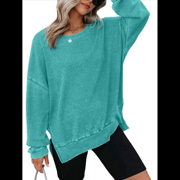 Sudadera de Cuello Redondo de Punto Gofre de Gran Tamaño para Mujer, Sudadera Informal de Larga con Laterales Azul S