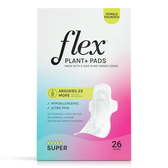 Flex Plant  Pads with Wings, Super, Heavy Absorbency, Ultra Thin, Unscented, 26 Count, Hypoallergenic
