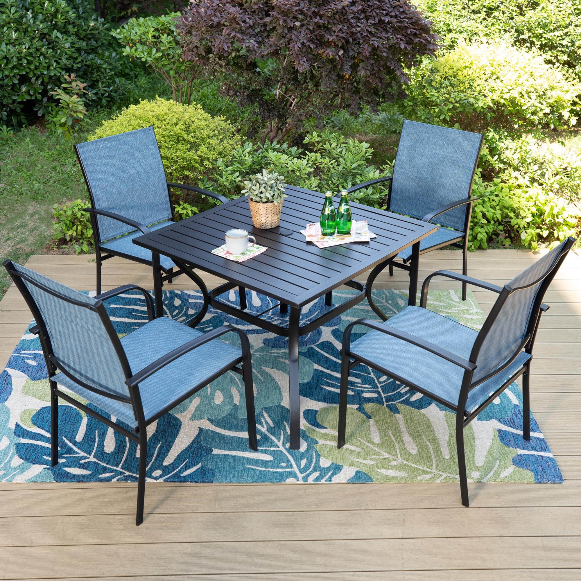 SUMMIT LIVING 4-Piece Outdoor Patio Dining Chairs, Steel Frames with Textilene, Black & Blue
