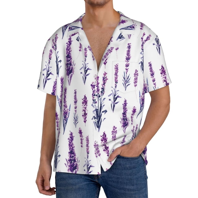 Fotbe Lavender Flowers Camisa Estampada de Manga Corta para Hombre, Casual de Verano, Estilo Playero, Sin Arrugas-Medium