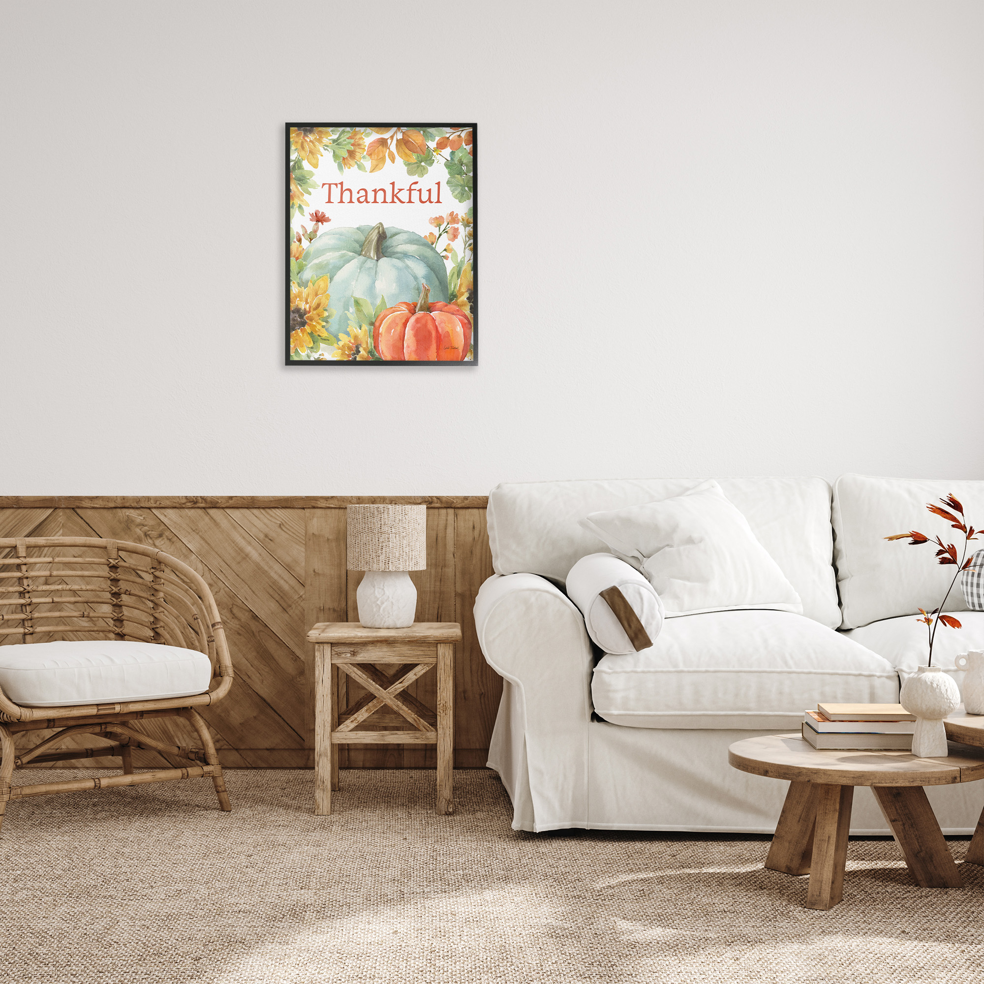 Stupell Industries Thankful with Fall Harvest Holiday Painting Black Framed Art Print Wall Art, 24 x 30