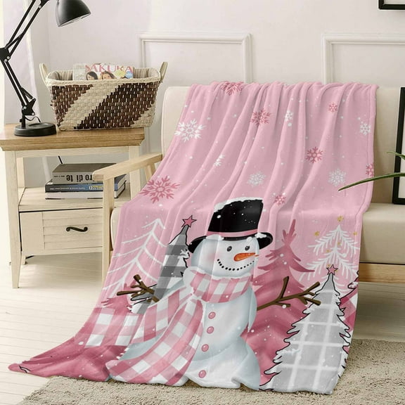 Pink Christmas Throw Flannel Blanket 40x50In Snowman Xmas Tree Snowflake Super Soft Cozy Bed Blanket, Lightweight Plush Fuzzy Bed Throw for Bedroom Sofa Couch Living Room