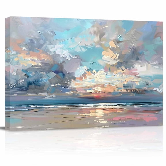 Summer Abstract Canvas Print Wall Art Ocean Landscape Oil Painting Pictures Painting Morden Artwork for Living Room Bedroom, Ready to Hang - 12"x16"
