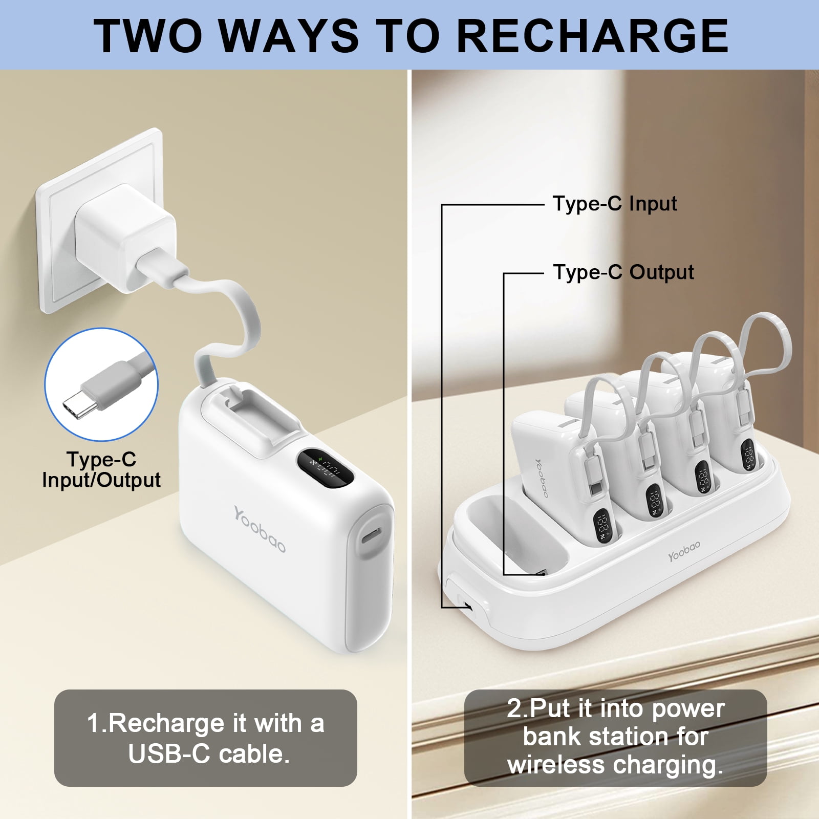 Yoobao 10000mAh Portable Charger with Charging Dock - 22.5W Fast Charging Power Bank with USB-C Cable for iPhone Samsung Android, 5 in 1 Charging Station for Home Office Restaurant, White