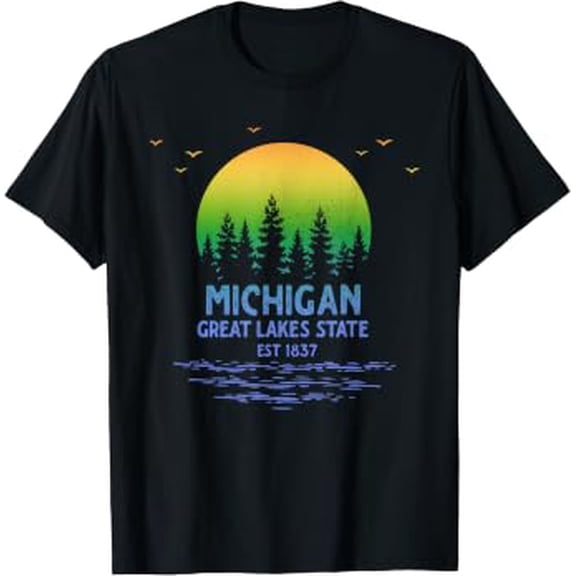 Distressed Michigan Great Lakes State Sunset Trees Souvenir Graphic T-Shirt, Size S-5XL