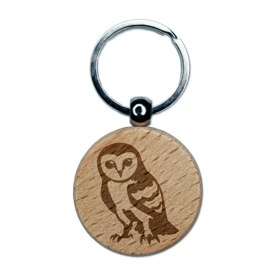 Inquisitive Barn Owl Round Keychain Charm Tag - Engraved Wood