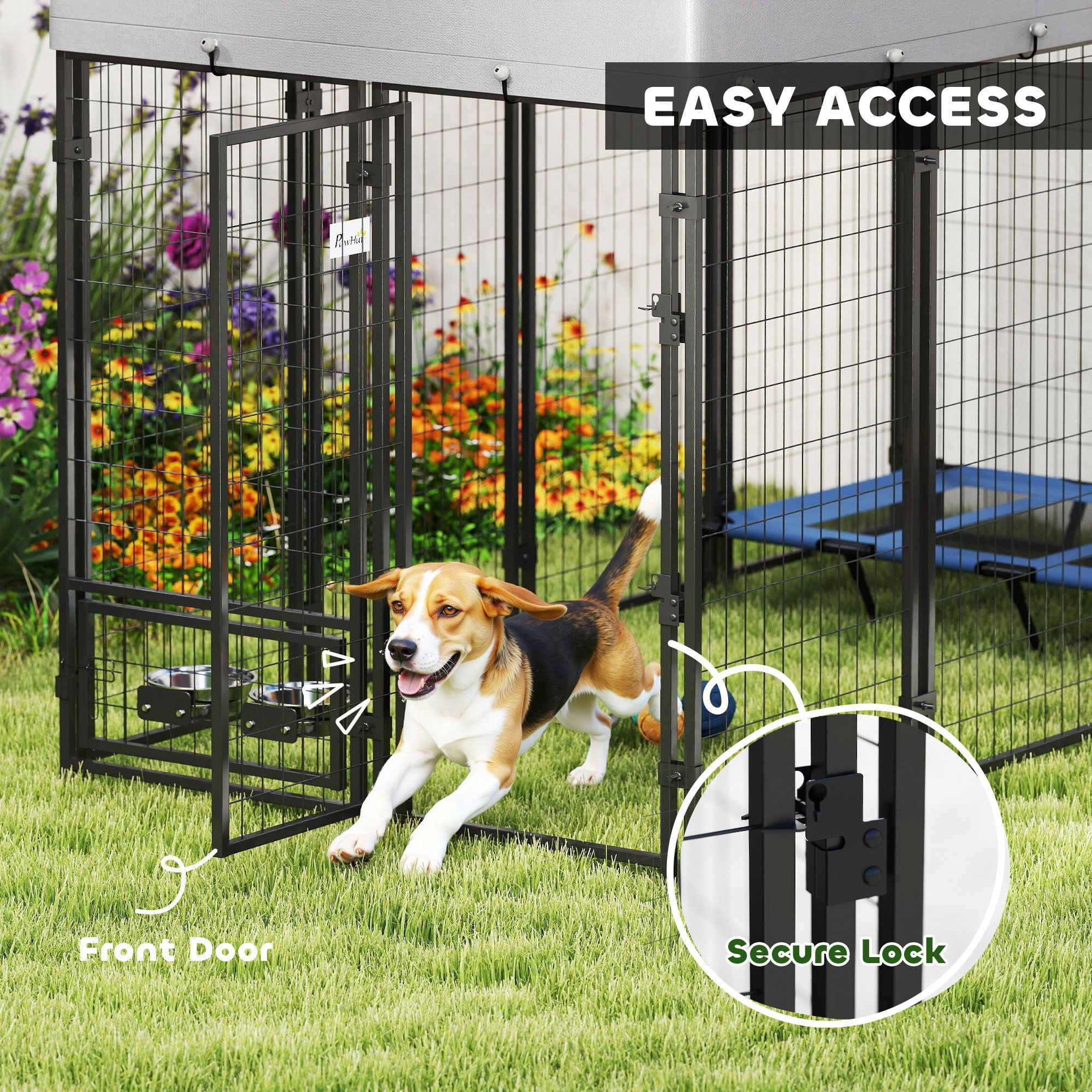 Dranite 8' x 4' x 6' Outdoor Dog Kennel with Covered Run, 360° Rotating Bowls