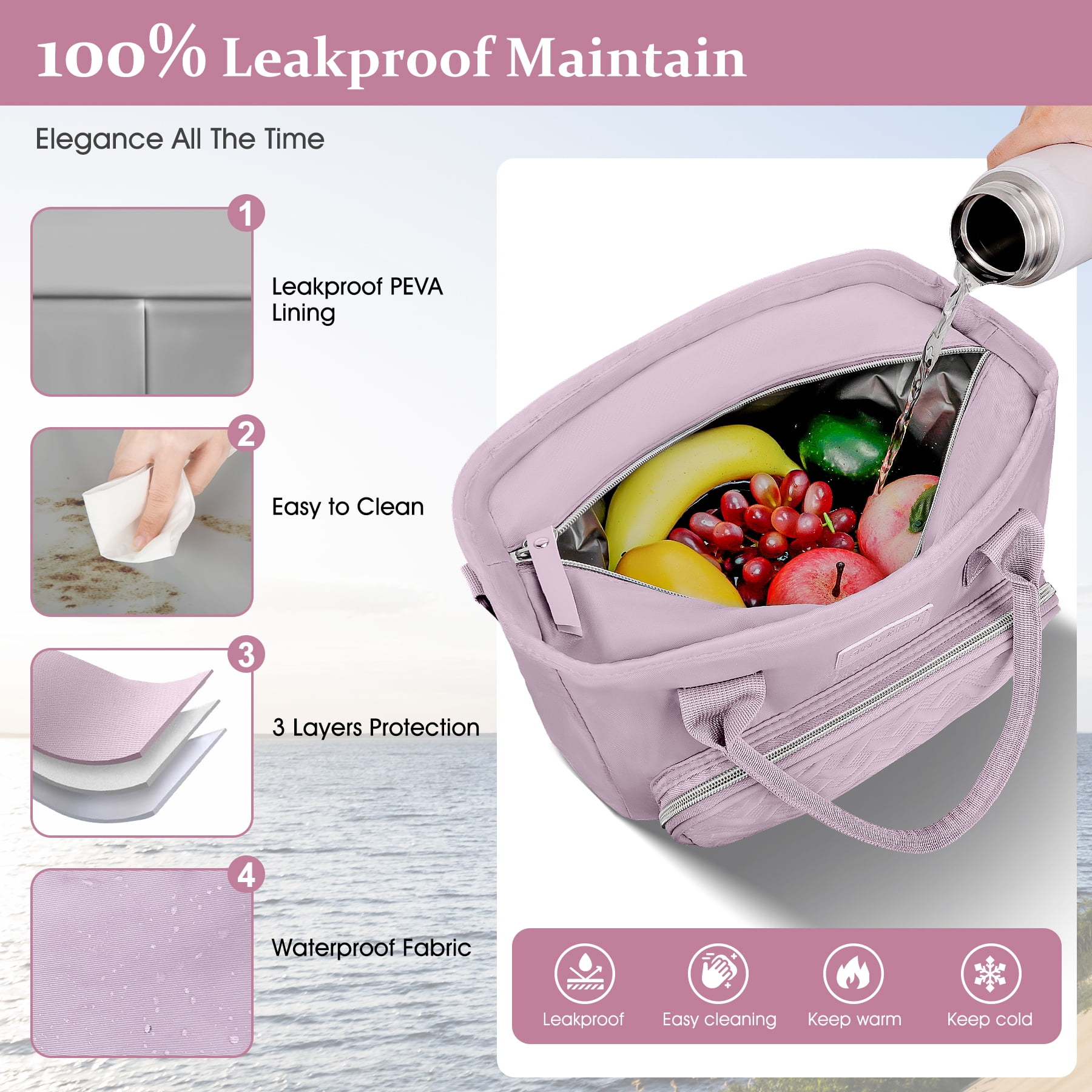 CshidWorld Insulated Lunch Bag for Men & Women - 18L Large Capacity Lunch Box for Work,Office ,Picnic, Hiking, Beach, Thermal Cooler Tote w/ Adjustable Strap, Pockets, Classic Plaid Design, Purple