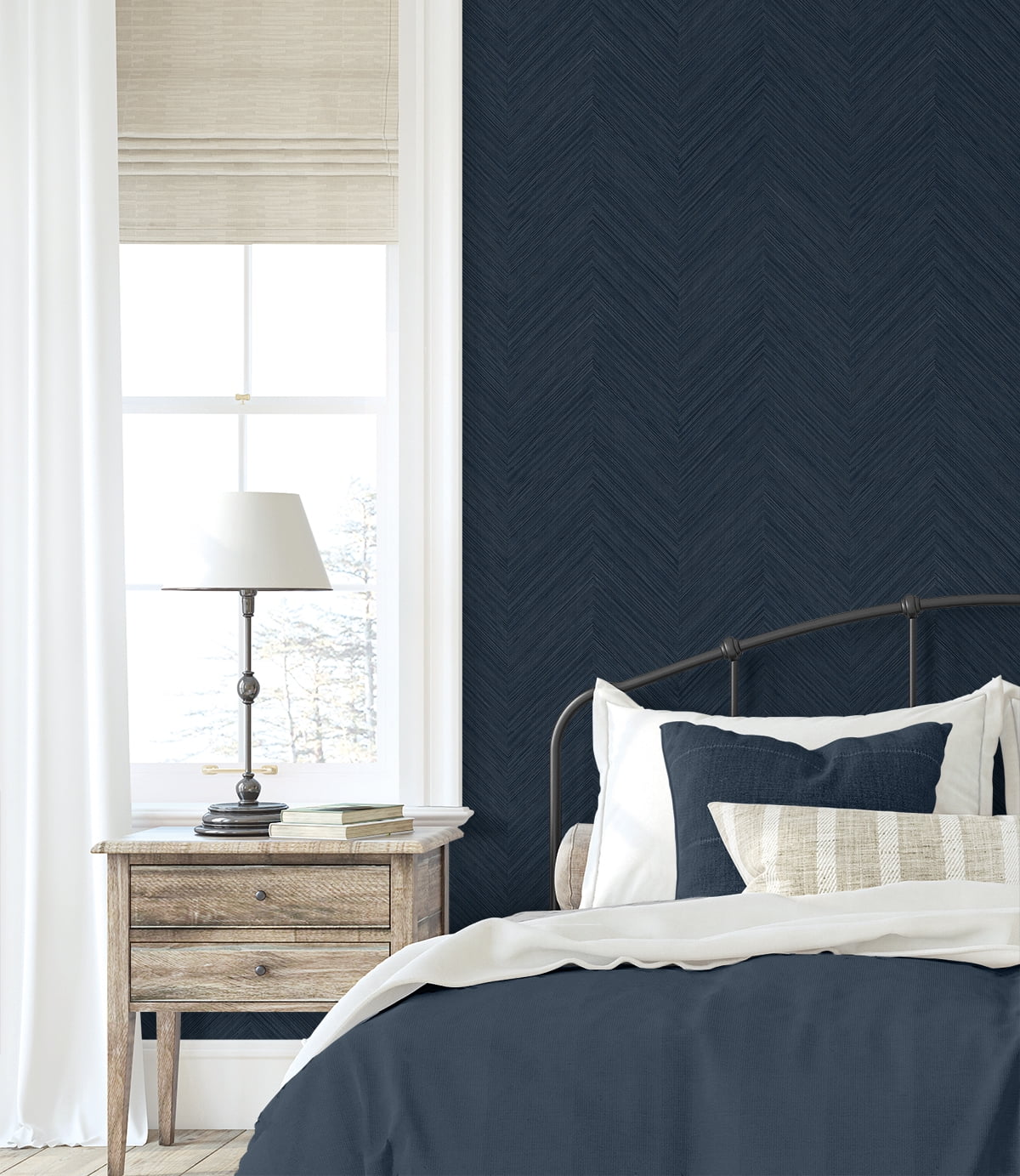 NextWall Dark Blue Chevron Stripe Peel and Stick Wallpaper