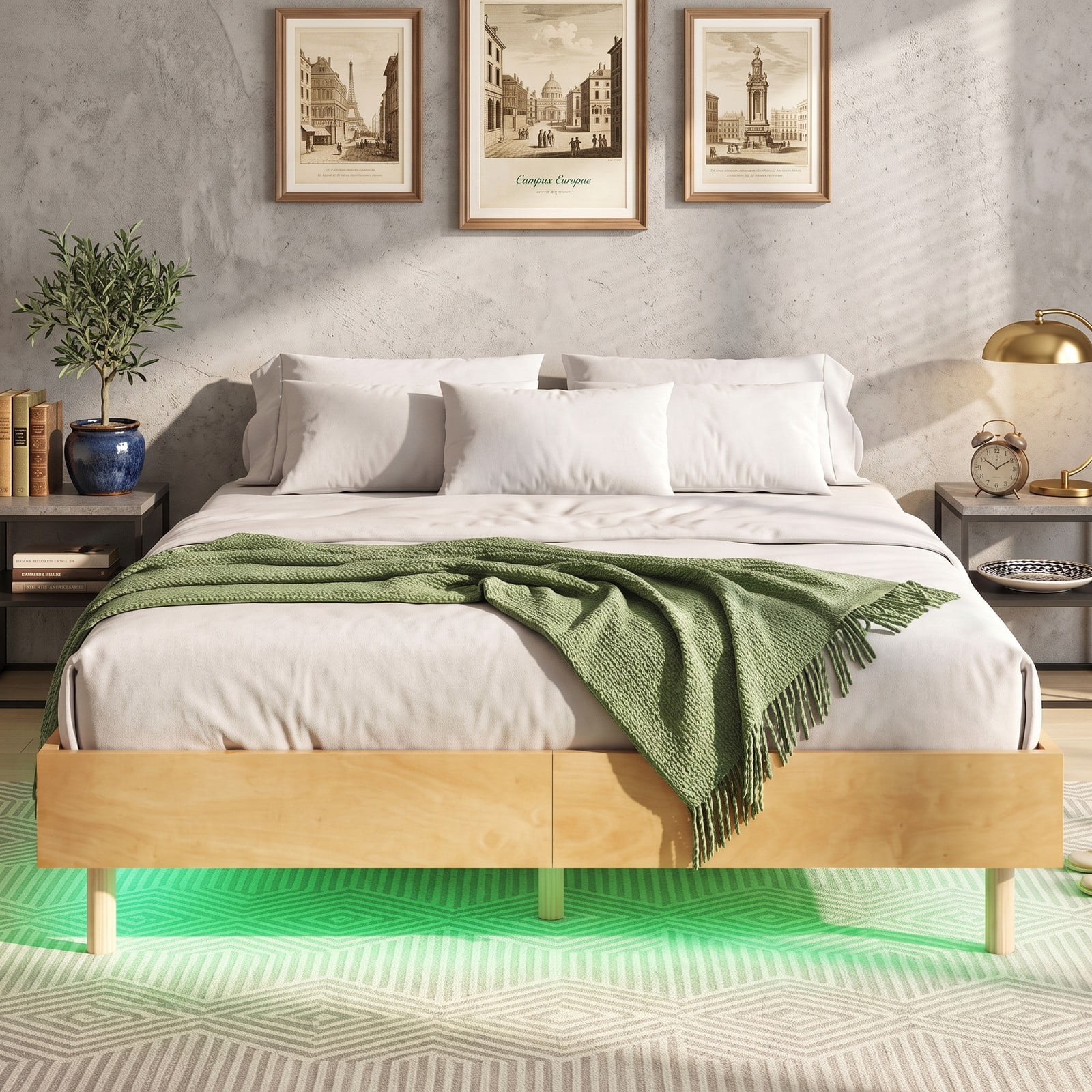 Furnibear Queen Bed Frame Floating Wood Platform Bed with RGB LED Lights and Remote Control, No Box Spring Needed, Natural