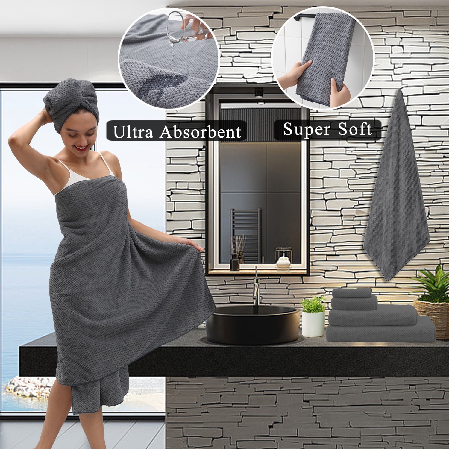 Smuge Extra Large Bath Towel Sets of 8, 2 Large Bath Towels Oversized, 2 Hand Towels, 4 Washcloths, Soft Microfiber, Quick Dry, Highly Absorbent Bath Towels for Bathroom Kitchen Spa(Gray)