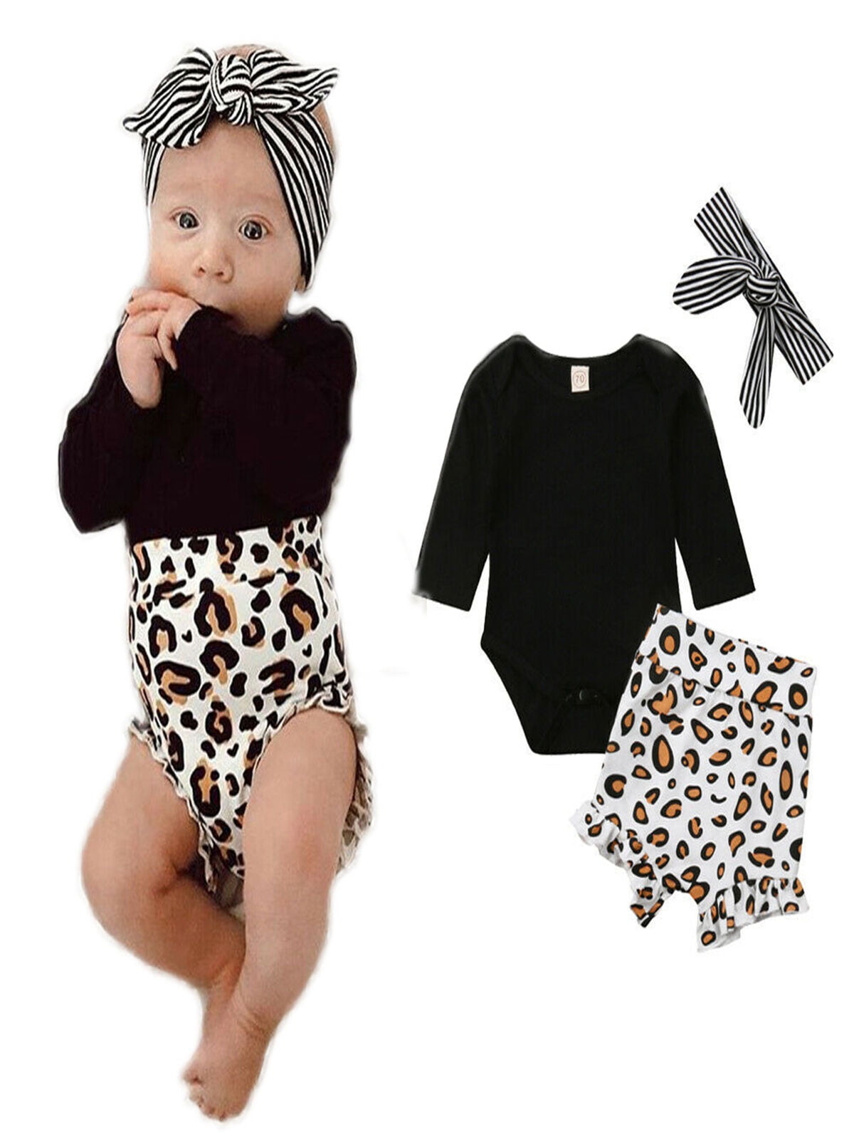US Stock Newborn Infant Baby Girl Leopard Clothes Tops Romper+Short Pants Outfit 