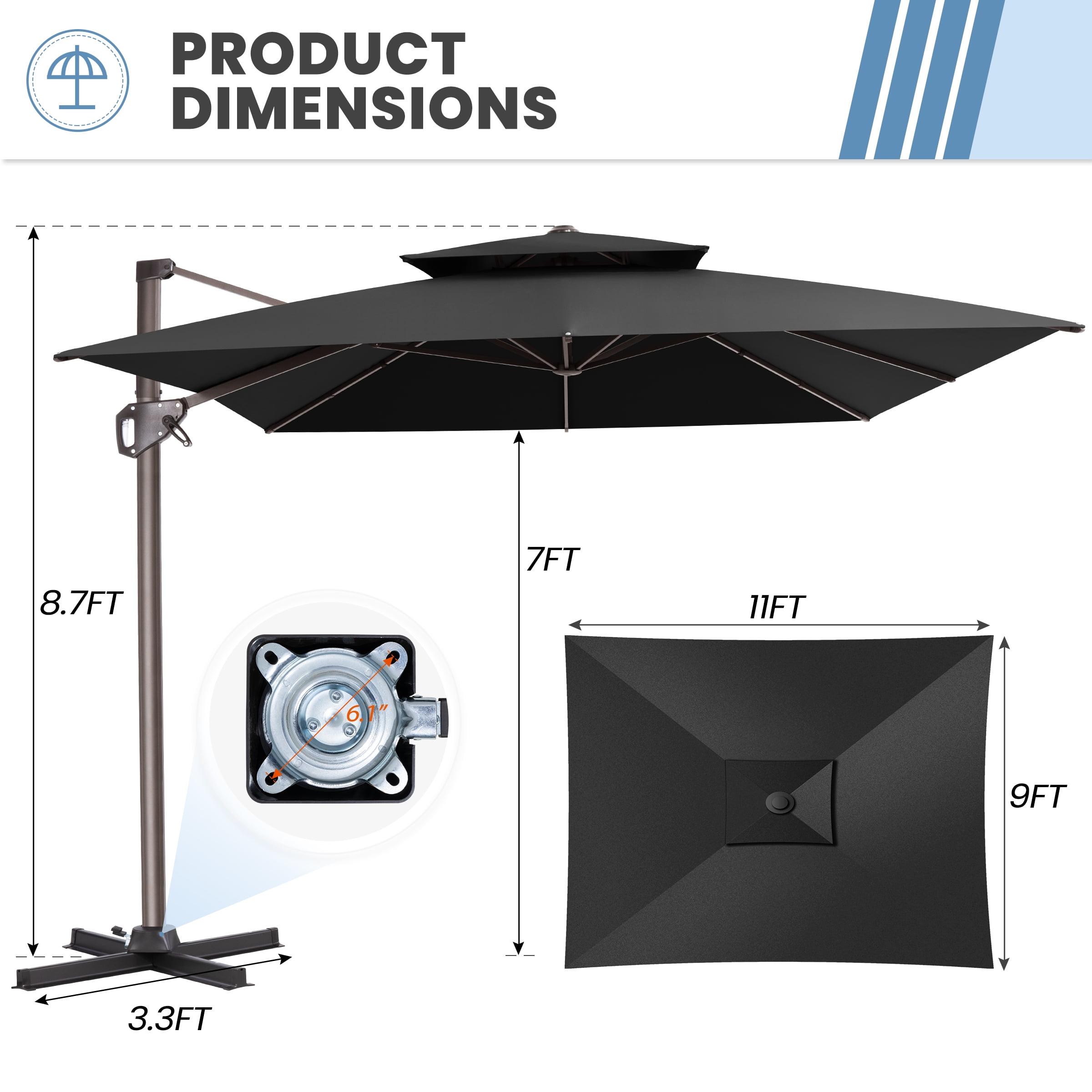 Crestlive Products 9 ft x 11 ft Rectangle Outdoor Patio Umbrella Cantilever, 360° Rotation, Outdoor Large Offset Umbrella for Patio, Pool, Deck, Black