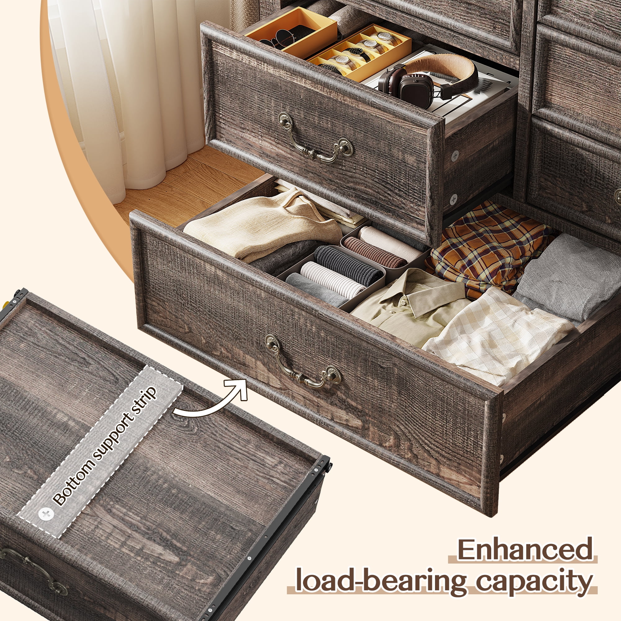 EnHomee 9 Drawers Dressers for Bedroom Wood Dresser&Chest of Drawers,Dark Rustic Oak