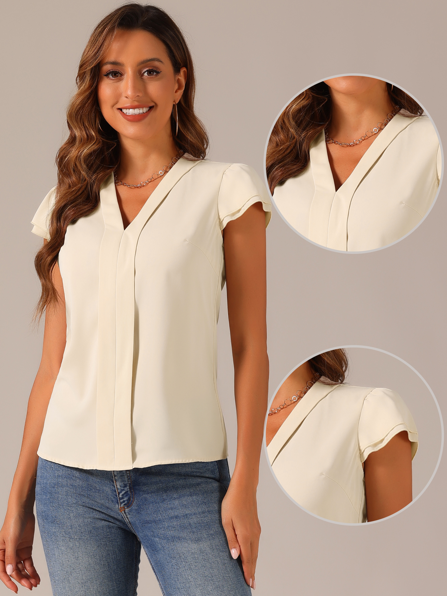 DARING DIVA Women's Summer Office Tops V-Neck Solid Color Chiffon Blouse M Apricot
