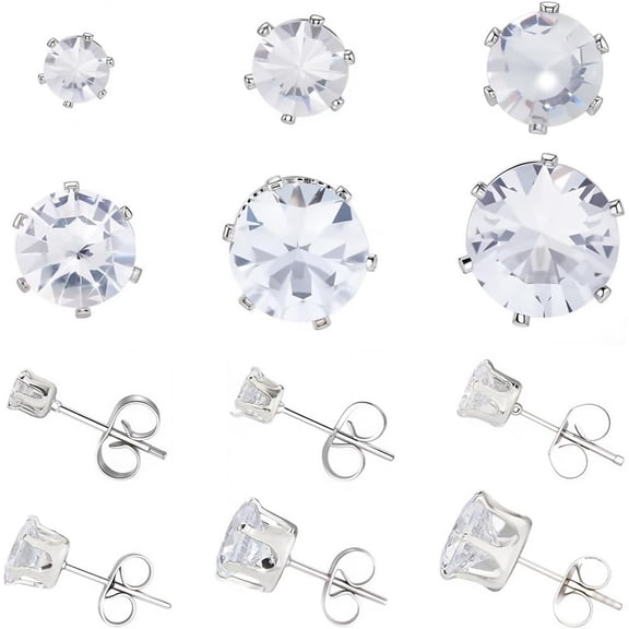Zephyriana 6 Pairs Cubic Zirconia Stud Earrings 304 Stainless Steel Round Clear Diamond Stud Earring Set for Women Men Gifts 3~8mm