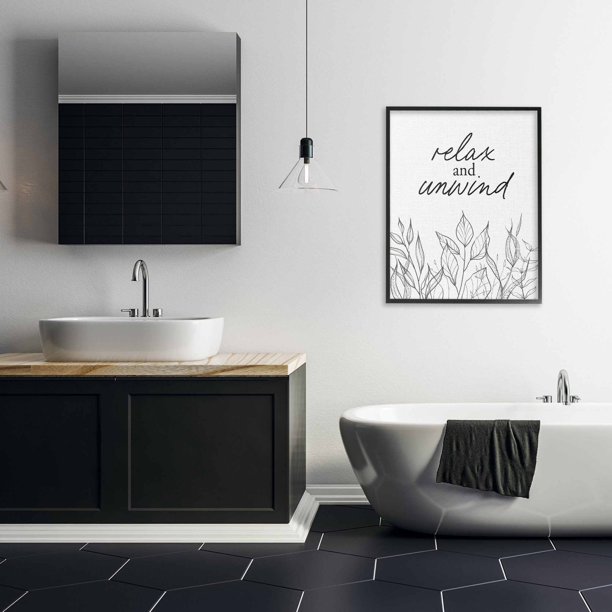Relax Unwind Minimalist Leaves Black Framed Giclee Art, design by Lettered and Lined
